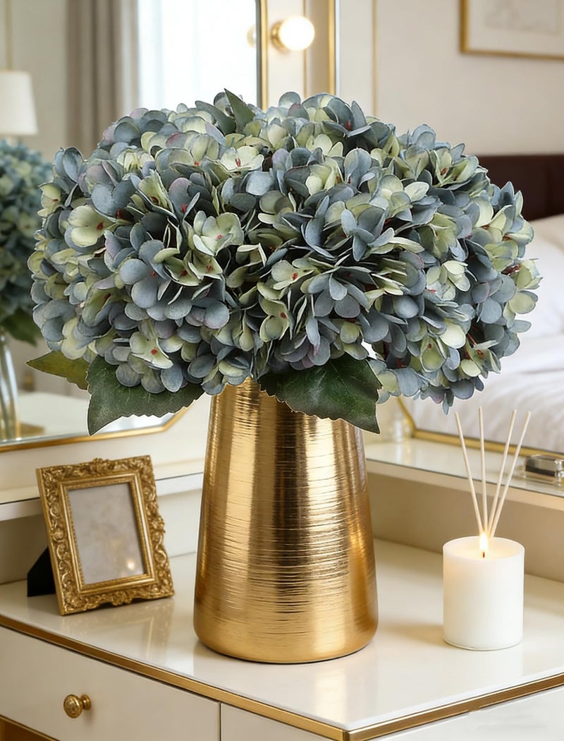 Kimura's Cabin 6pcs Artificial Silk Hydrangea Flowers Vintage Fake Bouquets Faux Hydrangeas Flower with Stems for Wedding Party Autumn Farmhouse Home Table Core Decoration (Deep Lake Blue) - Image 5